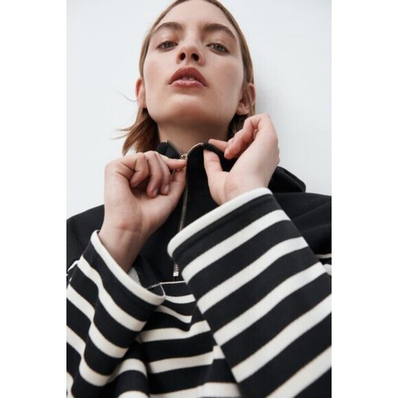 Navy Blue White Striped Zara Half Zip Long Sleeve Hoodie Sweatshirt (NWT) - Picture 3 of 9
